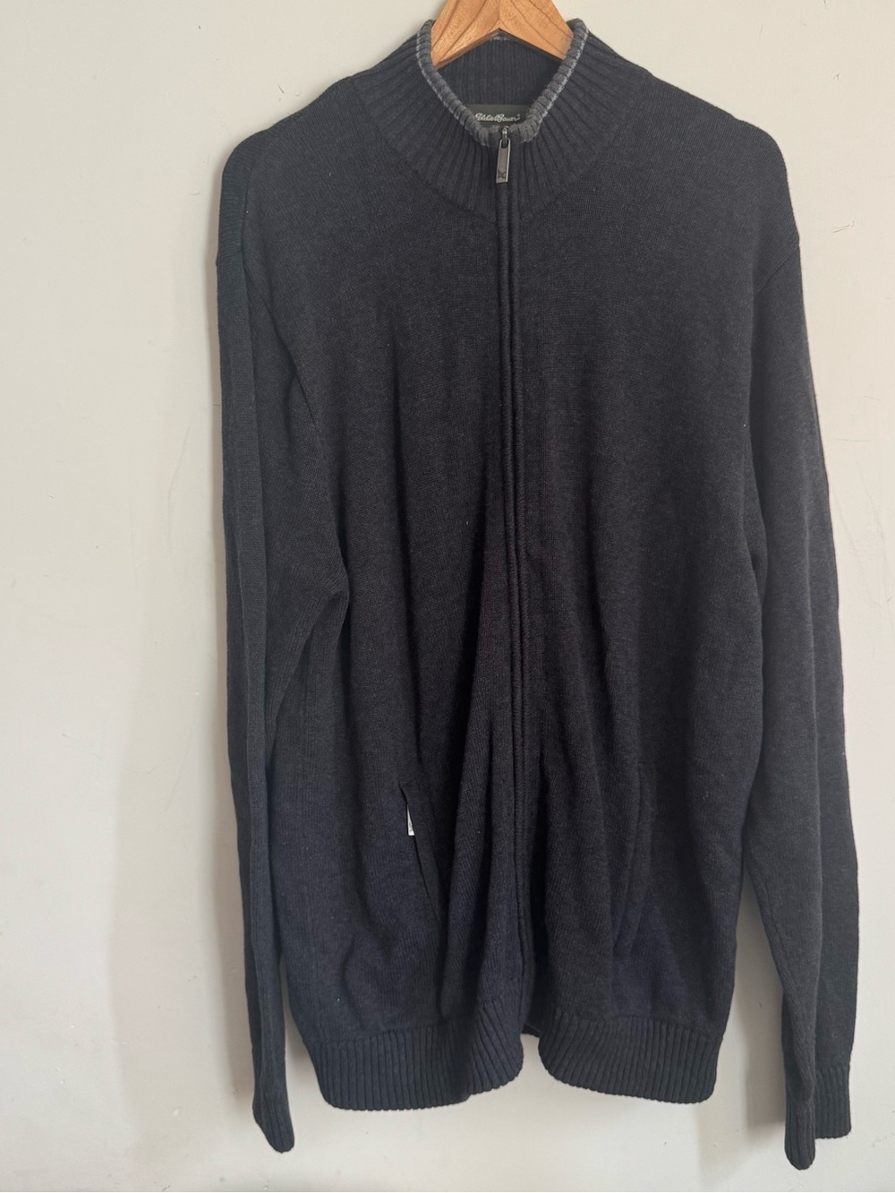 Eddie Bauer Full Zip Cardigan Sweater Mens XL Tall Grey Smart Fabric Mock Neck